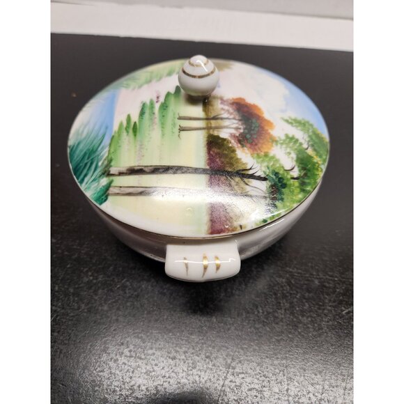 Vintage Hand Painted Porcelain Lidded Bowl With Scenic Landscape Design - Picture 4 of 15
